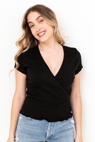 Texture Surplice Knit Top BLACK