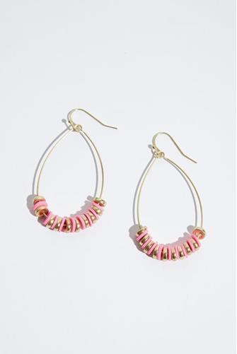 Pink Bead Drop Hoop Earrings GOLD
