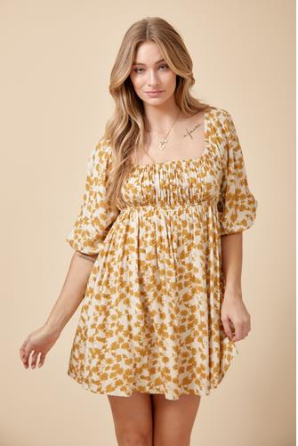 Floral Mini Dress DUSTY MUSTARD