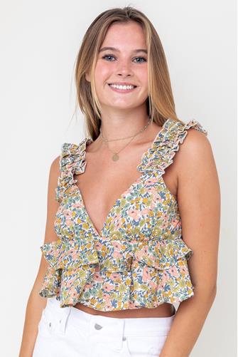 Floral Print Cropped Ruffle Tank Top SAGE/CORAL FLORAL