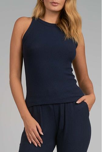 Sleeveless High Neck Ribbed Tank NAVY