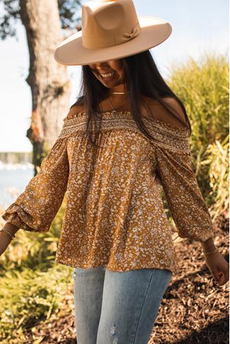 Off Shoulder Gold Floral Long Sleeve Top GOLD