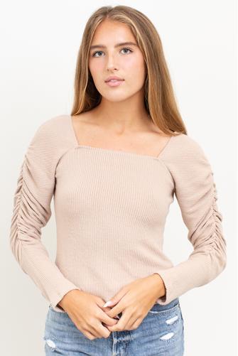 Rib Puff Sleeve Top TAN