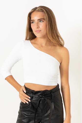 Ribbed One Shoulder 3/4 Sleeve Crop Top WHITE