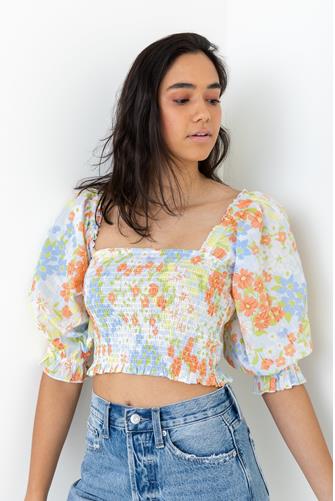 Feeling Groovy Puff Sleeve Crop Top WHITE MULTI -