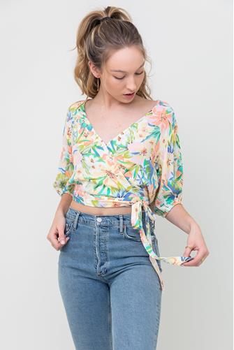 Tropical Print Wrap Top WHITE MULTI -