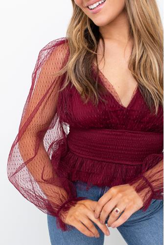 Mesh Smocked Bodice V-Neck Top BURGUNDY