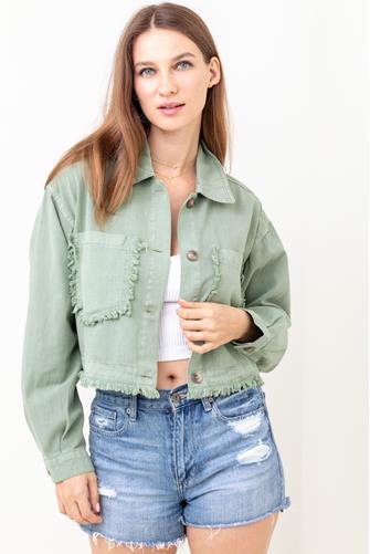 Olive Overboard Cropped Denim Jacket OLIVE