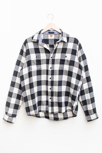 Buffalo Plaid Flannel Button Down Shirt BLACK GREY BUFFALO CHECK