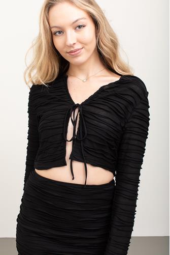 Textured Knit Tie Front Top BLACK