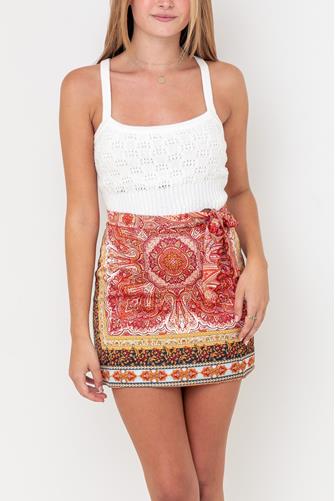 Paisley Tie Side Mini Skirt RED MULTI