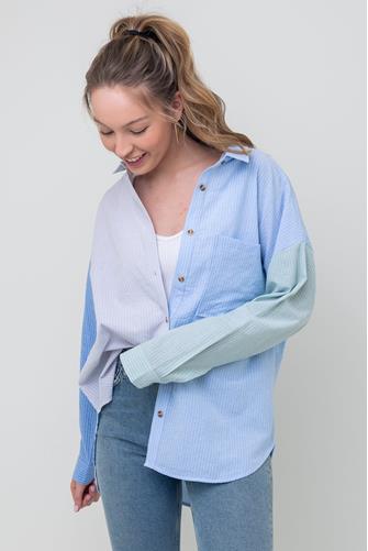 Color Block Button Down Shirt BLUE MULTI