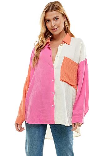Colorblock Button Down PINK MULTI