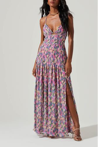 Tropics Plunge Neck Pleated Open Back Dress BLUE PINK FLORAL