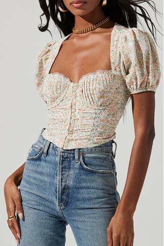 Cupped Hook and Eye Top BLUE PEACH DITSY