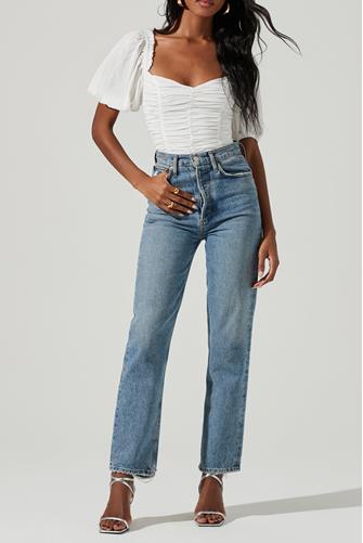 Ruched Short Bubble Sleeve Top WHITE