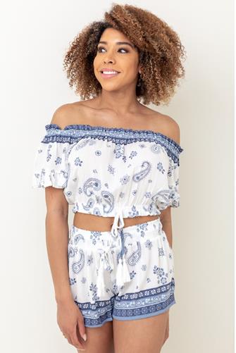 Printed Off Shoulder Tie Top BLUE MULTI