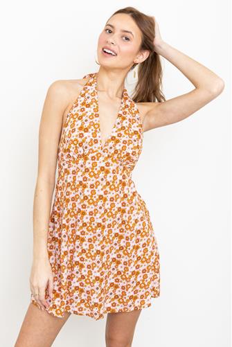 Light Blush Retro Floral Print Halter Mini Dress LT BLUSH