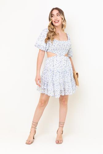 Short Sleeve Cut Out Floral Mini Dress BLUE