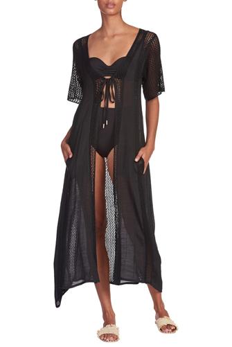 Short Sleeve Tie Front Maxi Coverup Dress BLACK