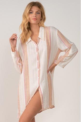 Embroidered Stripe BF Coverup WHITE ROSE STR