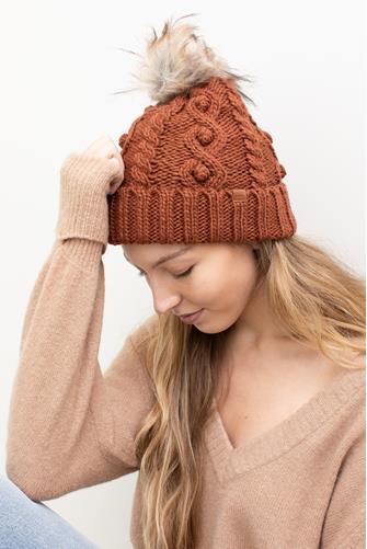 Popcorn Trim Pom Knit Beanie BROWN