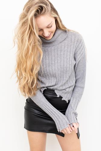 Distressed Ribbed Turtleneck Sweater HEATHER GREY