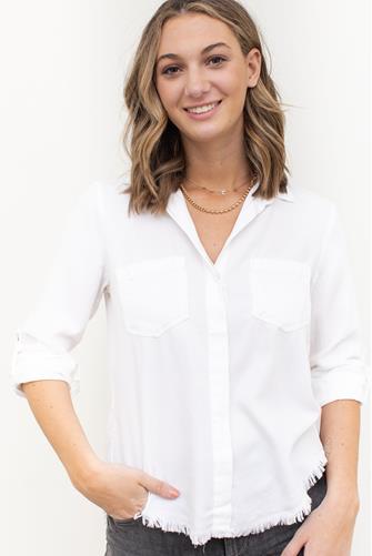 Riley Button Down Frayed Hem Shirt WHITE