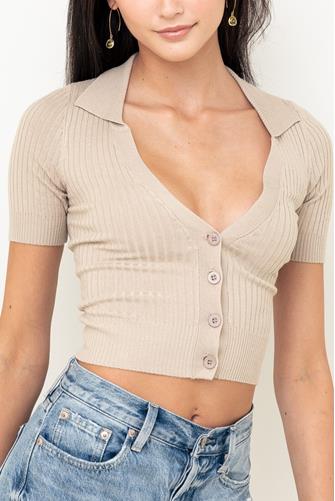Short Sleeve Collar Sweater TAN
