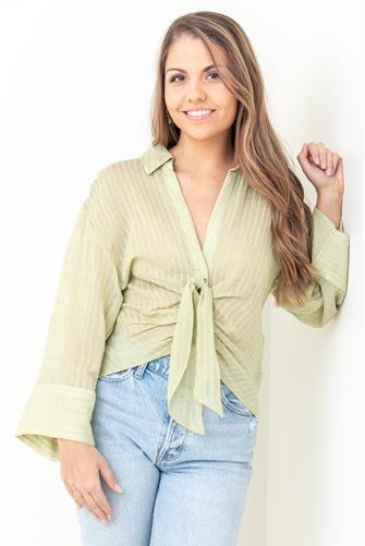 Long Sleeve V Neck Tie Top PISTACHIO