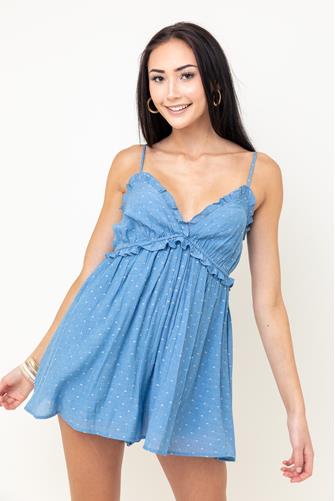 Swiss Dot Ruffle Trim Romper DENIM