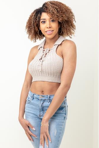 Lace Up Collar Tank Top OAT