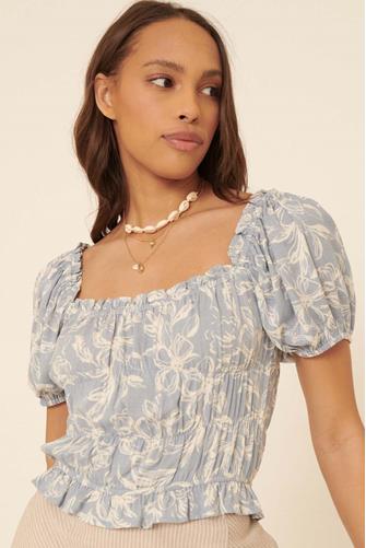 Floral Square Neck Top FADED DENIM