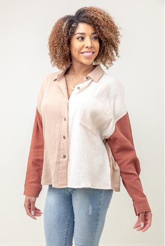 Gauze Contrast Long Sleeve Button Down Top MOCHA CREAM