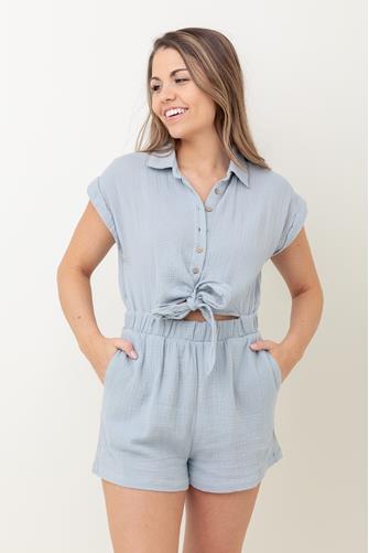 Linen Button Up Short Sleeve Tie Romper BLUE DENIM