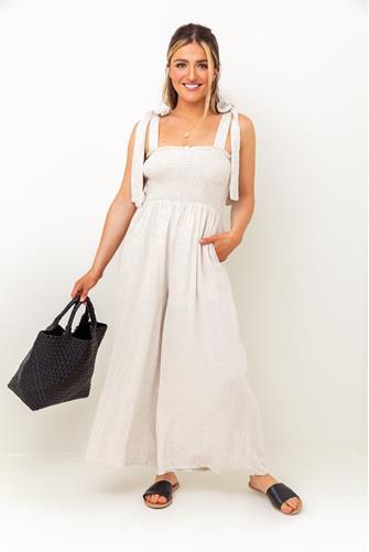 Linen Tie Strap Jumpsuit GREY IVORY