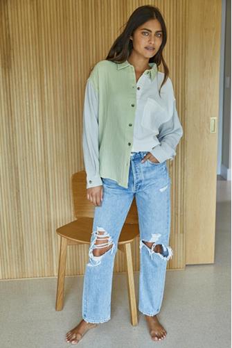 Colorblock Button Down Shirt GREEN GREY
