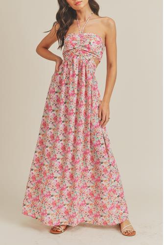 Side Cut Out Halter Maxi Dress FUSCHIA FLORAL