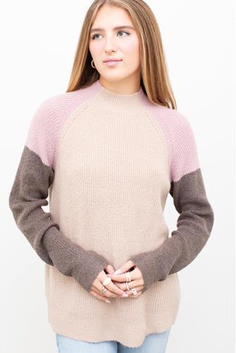 Mock Neck Colorblock Sweater OATMEAL MAUVE GREY