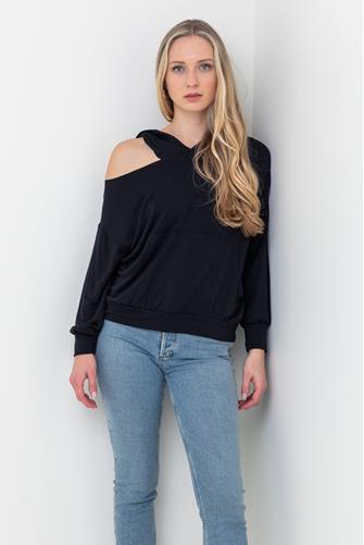 One Shoulder Cutout Hoodie BLACK
