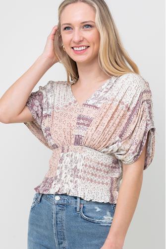 Paisley Smocked Bodice Top PINK MULTI