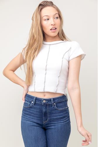 Stitched Seam Cropped Short Sleeve Top WHITE