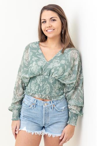 Paisley Smocked Long Sleeve Top GREEN