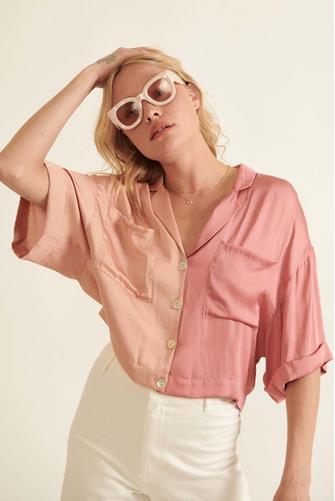 Colorblock Silky Button Down Top PINK