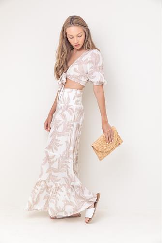 Ruffle Wide Leg Mono Leaf Pant CREAM TAUPE