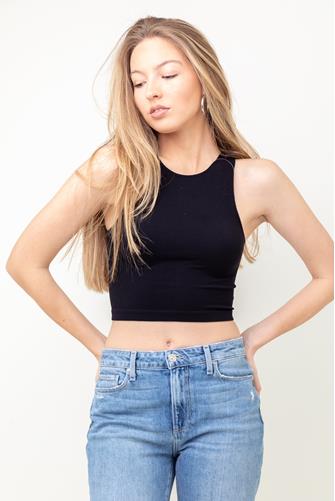 Seamless Ribbed Crewneck Crop Tank Top BLACK