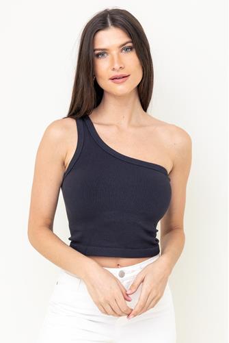Seamless One Shoulder Ribbed Top BLACK