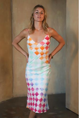 Ocean Front Skinny Dip Midi Slip Dress RAINBOW CHECK