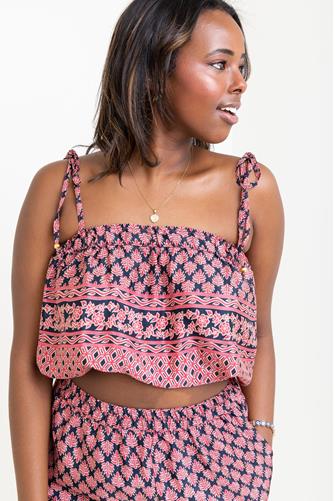 Border Print Tie Shoulder Top NAVY/ROSE