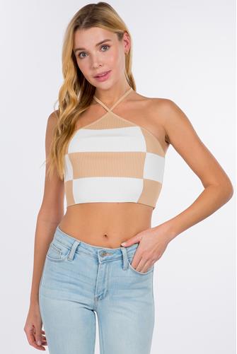 Check Halter Crop Tank TAUPE